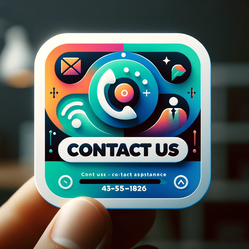 「お問い合わせ」ボタンの画像。モダンでクリーンなデザインで、電話や封筒のアイコンが目立ちます。青と緑のグラデーションが使われており、「Contact Us」というテキストが太く読みやすいフォントで表示されています。