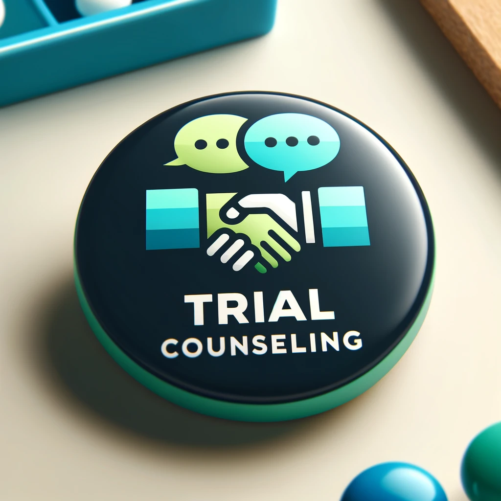 「お試しカウンセリング」ボタンの画像。モダンでクリーンなデザインで、スピーチバブルのアイコンが目立ちます。青と緑のグラデーションが使われており、「Trial Counseling」というテキストが太く読みやすいフォントで表示されています。